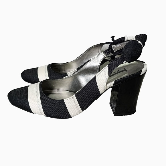 J Renee Chunky Block Heel Slingback Heels 9.5 Black White Striped Pump‎ - Picture 1 of 10